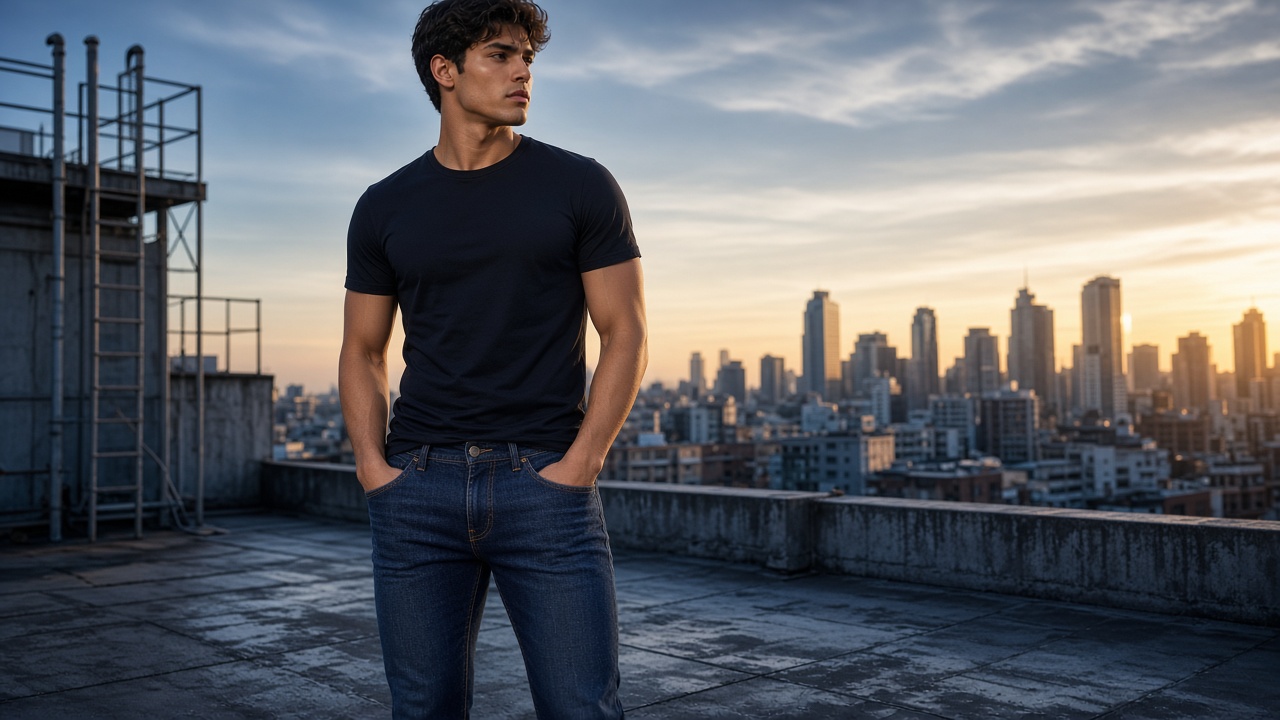 AI model wearing Slayer indigo slim jeans