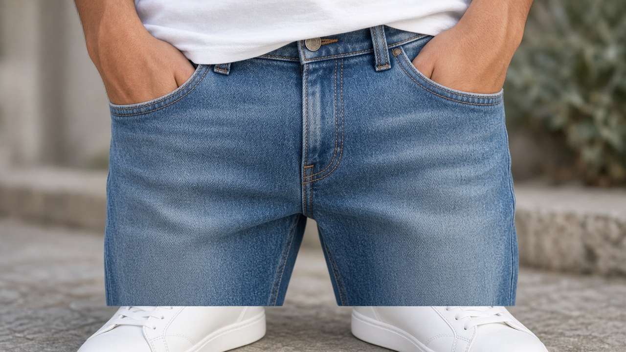 AI model in straight-fit denim